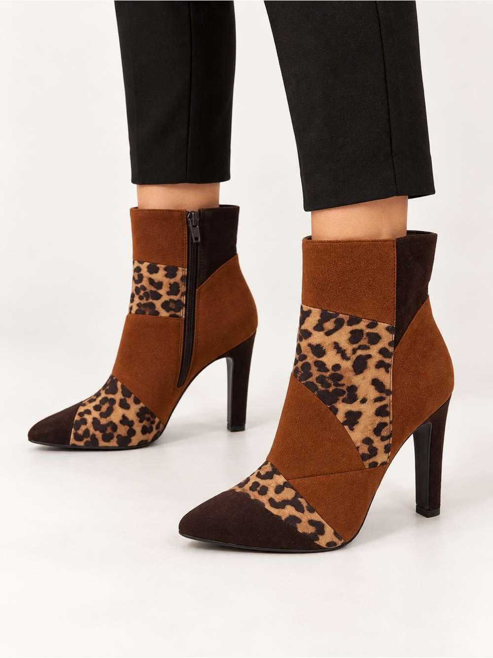 Leopard Print Patchwork Ankle Boots Brown Pointed Toe High Heel Y Not? Sz 8 Boho